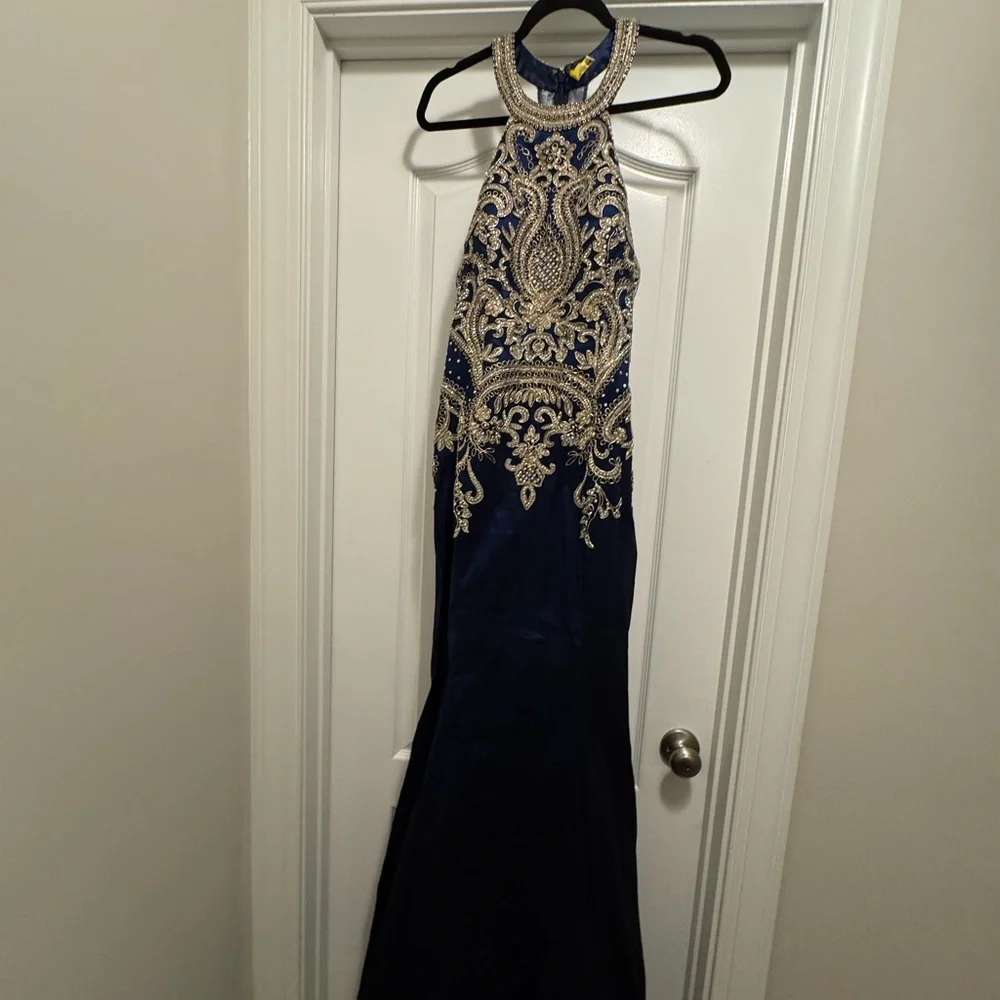 Jovani Blue and Gold Beaded Halter Prom Gown / Dress - Picture 13 of 16